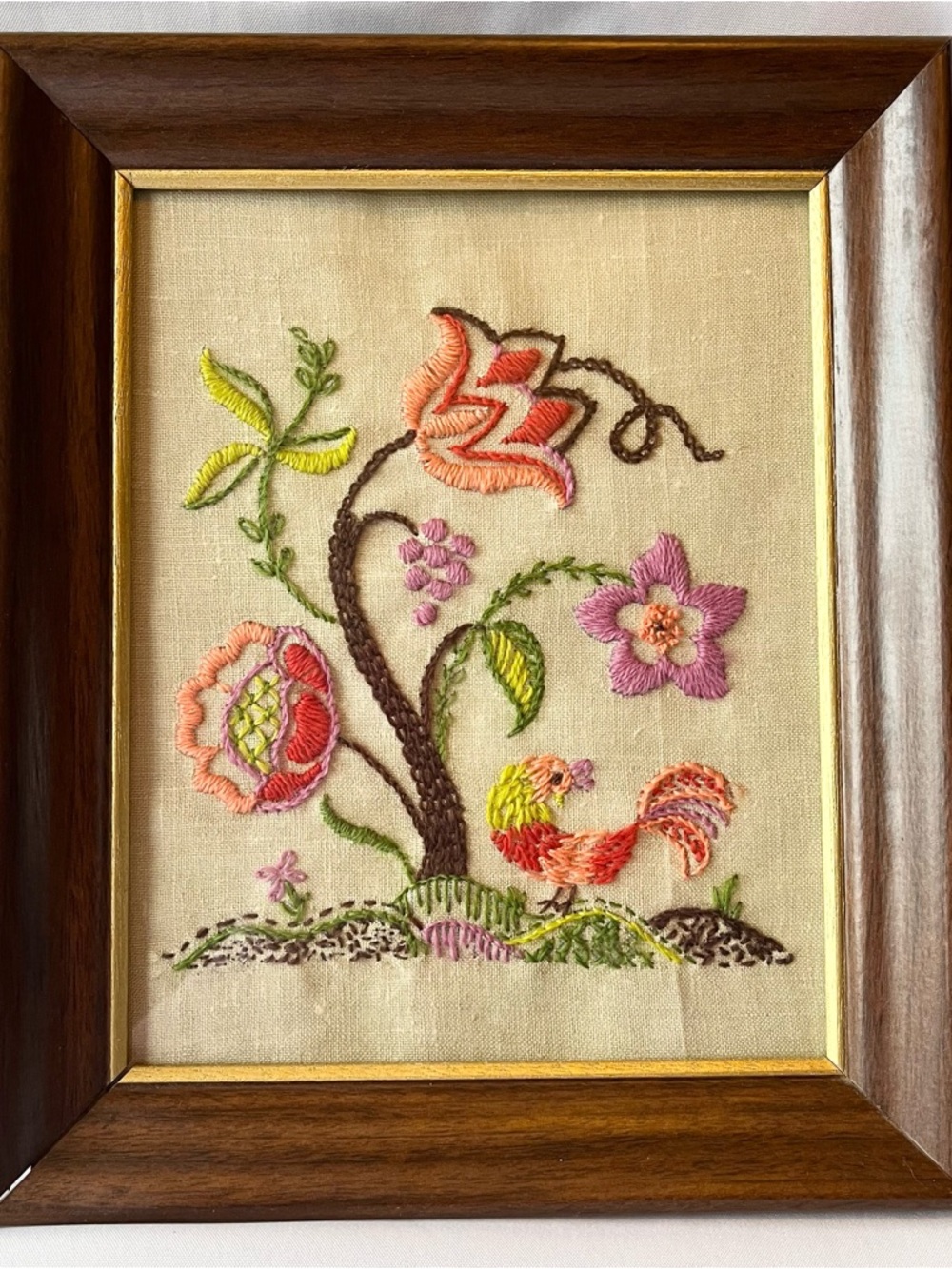 Vintage 1970s Framed Floral Crewel Embroidery Rooster Art W/ Vintage Wood Frame